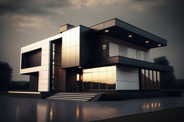 A large ultra modern, minimalistic, stylish house in white and black.  Generative AI.