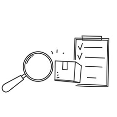 hand drawn doodle Person looking at boxes through magnifying glass and clipboard check symbol for quality check illustration
