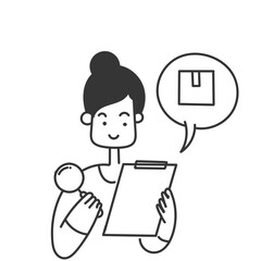 hand drawn doodle Person looking at boxes through magnifying glass and clipboard check symbol for quality check illustration