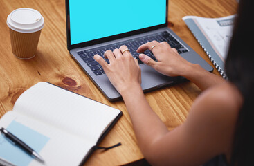 Woman hands, laptop and typing on mockup screen for planning, data analysis and internet...