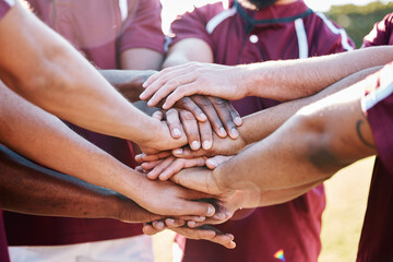 Hands, sports and collaboration in trust, partnership or unity together in solidarity for...