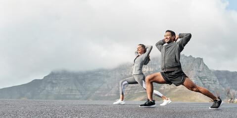 Exercise, mockup and couple workout and stretch together outdoors in nature by a mountain for health, wellness and fitness. People, partners and athletes training and keeping fit and heathy