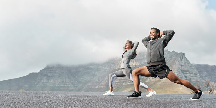 Exercise, mockup and couple workout and stretch together outdoors in nature by a mountain for health, wellness and fitness. People, partners and athletes training and keeping fit and heathy
