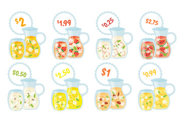 Jug fruit juice with glass and price cafe menu set vector flat refreshing summer lemonade