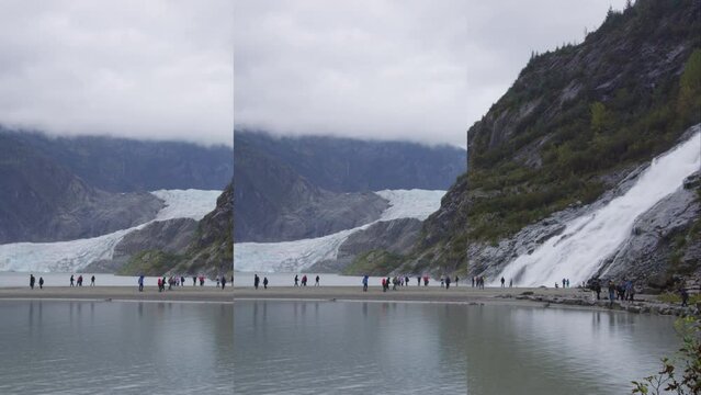 Vertical video - Alaska nature landscape Mendenhall Glacier and Nugget Falls
