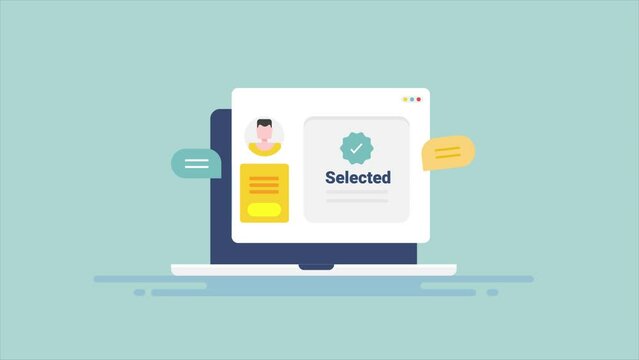 Person selecting online professional candidate for office company project, offshore hiring freelance bid selection process, video animation concept.