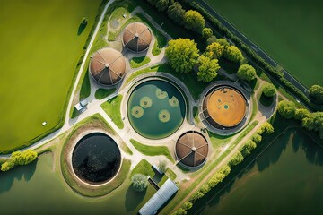 Sewage treatment plant - waste water purification, aerial view. Photo generative AI - obrazy, fototapety, plakaty