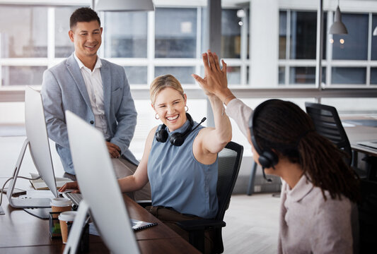 Customer support high five, consulting or team celebrate telemarketing success, contact us CRM goals or ERP telecom. Call center diversity, ecommerce winner or happy technical support consultant