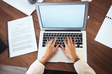Laptop, mockup and hands of woman typing business report, proposal or feedback on paper from above. Freelance writer or journalist writing web article with internet research and documents in office. - obrazy, fototapety, plakaty
