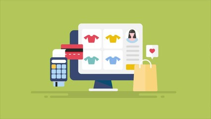 Buying from ecommerce website and making payment using credit card shopping online banking money transaction 2d animation style video concept.