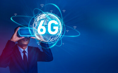 Businessman used Virtual Reality glasses. Future technology 6G network wireless systems and internet of things. Wifi and Smart city communication networks on smartphones, Global wireless devices