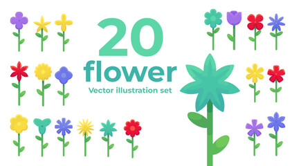 20 Flowers vector illustration set. Stylized flat flowers. Flowers for gamedesign, illustration, ui and more.