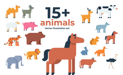 15+ Animals vector illustration set. Cute cartoon animals for game, ui. Flat modern illustration.