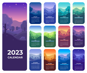 2023 landscape Calendar. Beautiful gradients sky. Landscape illustration calendar. Flat, modern illustration.