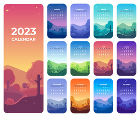 2023 landscape Calendar. Beautiful gradients sky. Landscape illustration calendar. Flat, modern illustration.