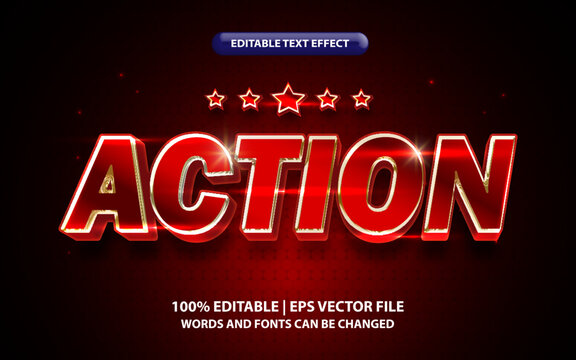 Action Text, Editable 3d Text Effect Template, 3d Bold Red Gradient Font Style With Star Element, Bright Neon Typography