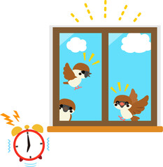 鳴っている目覚まし時計と窓辺の小鳥、朝