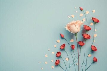 Colorful love and flowers on a blue background with copy space
