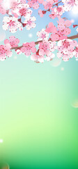 Vertical illustration of spring. Cherry blossoms on a blurry background. Pink cherry blossoms, hanami time. a template for romantic design.