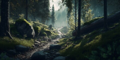 An enchanting picture of a dense dark forest. AI generation.