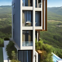 a narrow and tall modern house with all glass exterior and a small balcony on each floor 1_SwinIRGenerative AI