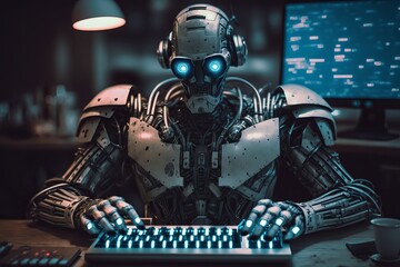 Ai Robot working with computer. Futuristic Humanoid worker. Generative Ai