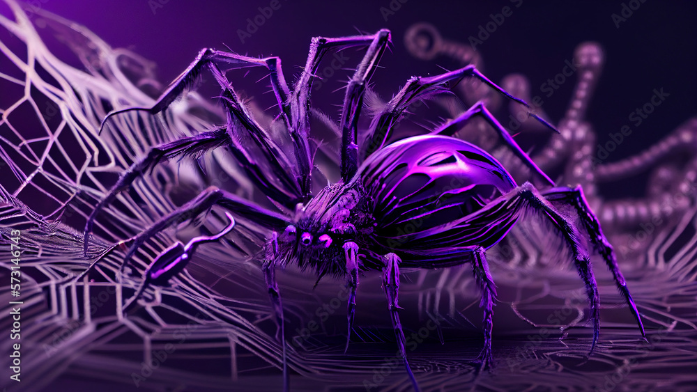 Wall mural 3d rendering of a spider in abstract technology concept with purple background