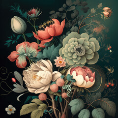 A vintage-inspired wallpaper design featuring a beautiful fantasy botanical motif. The design consists of a bunch of different flowers and botanical elements arranged in a vintage style.