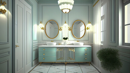 classic bathroom with a double sink and mirror. Generative Ai