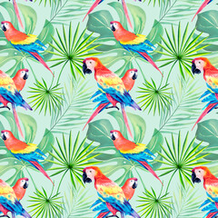 Macaw parrot pattern. Tropical collage. Watercolor animals. Exotic birds. Monstera. Watercolor illustration.