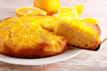 Orange upside down cake, sliced