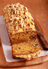 cake with caramel and walnut topping