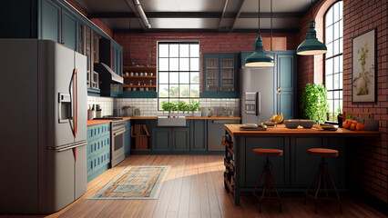 Kitchen interior design in loft style. Generative Ai