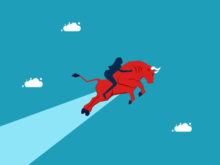 woman riding a red bull soaring in the sky. Stocks up in a bull market. investment concept vector illustration