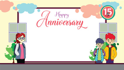 Vector ilustration off happy anniversary greeting cards with cartoon couple. Colorful background and blank space area 