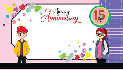 Vector ilustration off happy anniversary greeting cards with cartoon couple. Colorful background and blank space area 