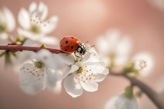 Spring time: close-up picture of red ladybug on the blossoming cherry tree. Gentle dreamy background with bokeh. AI