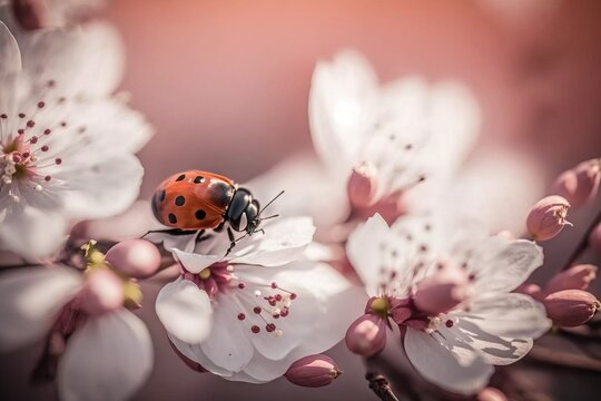 Spring time: close-up picture of red ladybug on the blossoming cherry tree. Gentle dreamy background with bokeh. AI