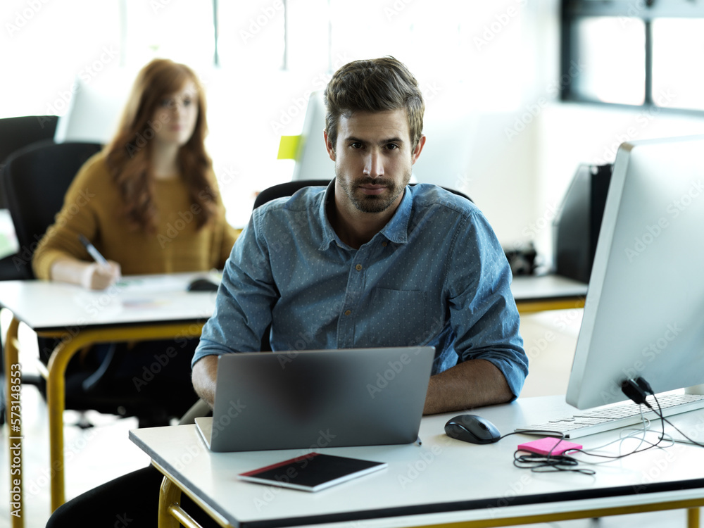 Aufkleber business man, laptop and serious graphic web designer planning website layout in office. content man