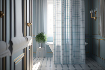 Chic checkered gauze shower curtain in the bathroom. Photorealistic shot generated by AI.