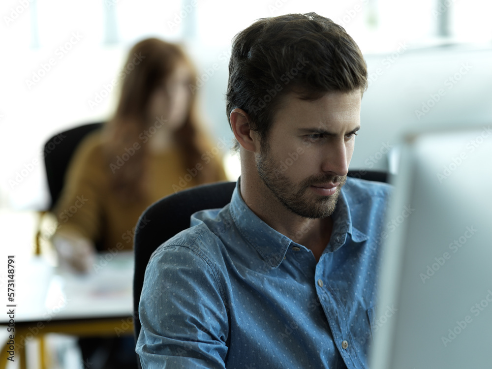 Leinwandbilder Business man, computer work and concentrating on web designer planning a website layout. Content management, startup and employee working on creative strategy design with tech software in a company