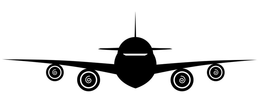 Front facing eye level view of cargo aeroplane or plane. Black vector single icon.
