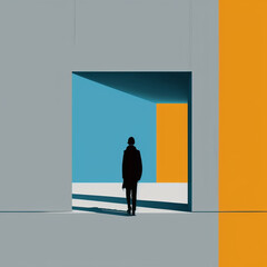 A person with a surreal and minimalist background