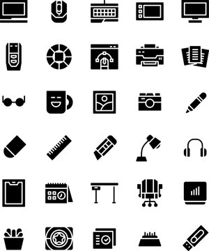Vector graphic design of 30 icon graphic designer  glyph style. Perfect for symbol instruction, element design, UI app,etc.