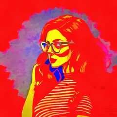 Fototapeta na wymiar charming girl denim sundress sweater touches her red hair poses wearing glasses (3)_DAP_PopArt