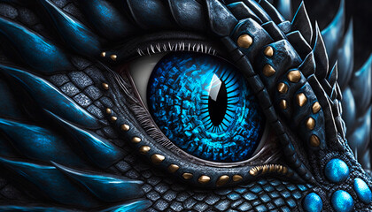 Dragon eye in close-up. Dark background. Fantasy monster looking. Realistic dinosaur eye. Macro shot of a predatory magical animal. Image AI generated.