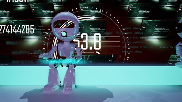 ai robot siting on neon light with blackbackground and hud interface graphic show in front. chatbot working on human job