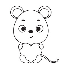 Coloring page cute little mouse holds heart. Coloring book for kids. Educational activity for preschool years kids and toddlers with cute animal. Vector stock illustration