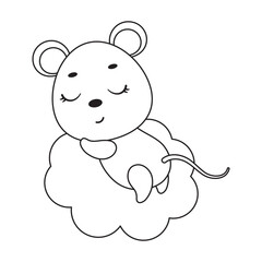 Coloring page cute little mouse sleeping on cloud. Coloring book for kids. Educational activity for preschool years kids and toddlers with cute animal. Vector stock illustration