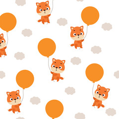 Cute little fox flying on balloon seamless childish pattern. Funny cartoon animal character for fabric, wrapping, textile, wallpaper, apparel. Vector illustration